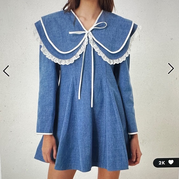 Sister Jane Dappled pure cotton oversized collar mini dress with bow in denim - Picture 6 of 9